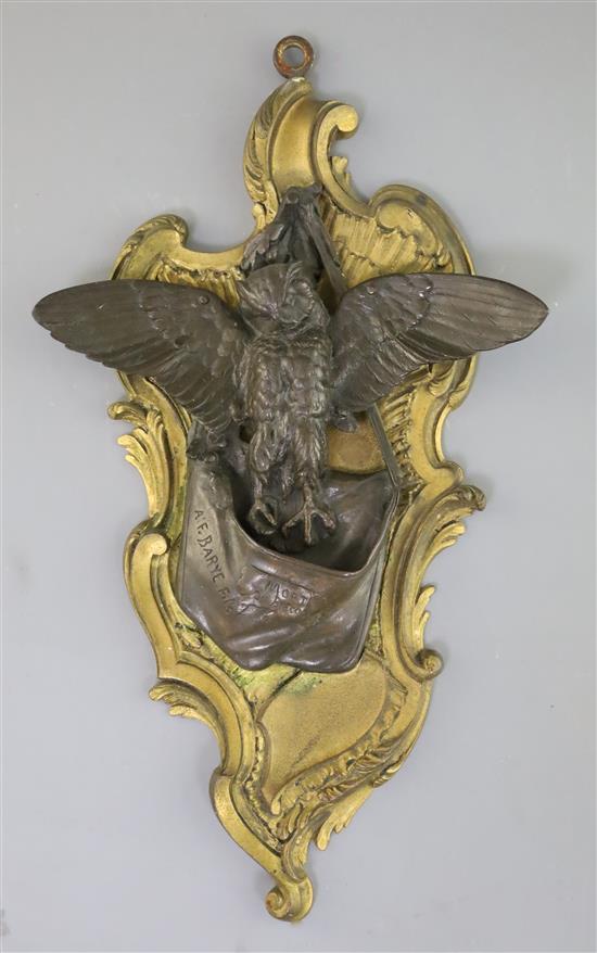 Alfred Barye Fils (1839-1882). A bronze and ormolu owl wall pocket, H. 12in.